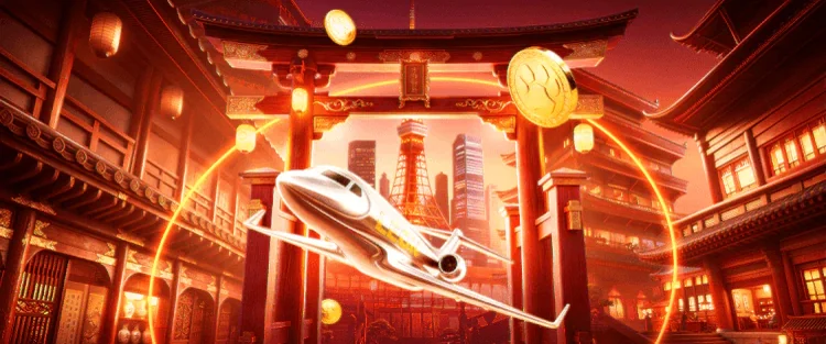 Aeroplane flying over an Asian temple courtyard with gold coins, LEON Casino promo banner
